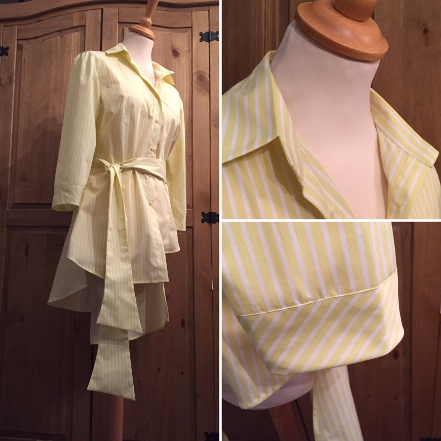 Yellow & white cotton strip with collar, 3/4 sleeves and bias cuff and tie belt